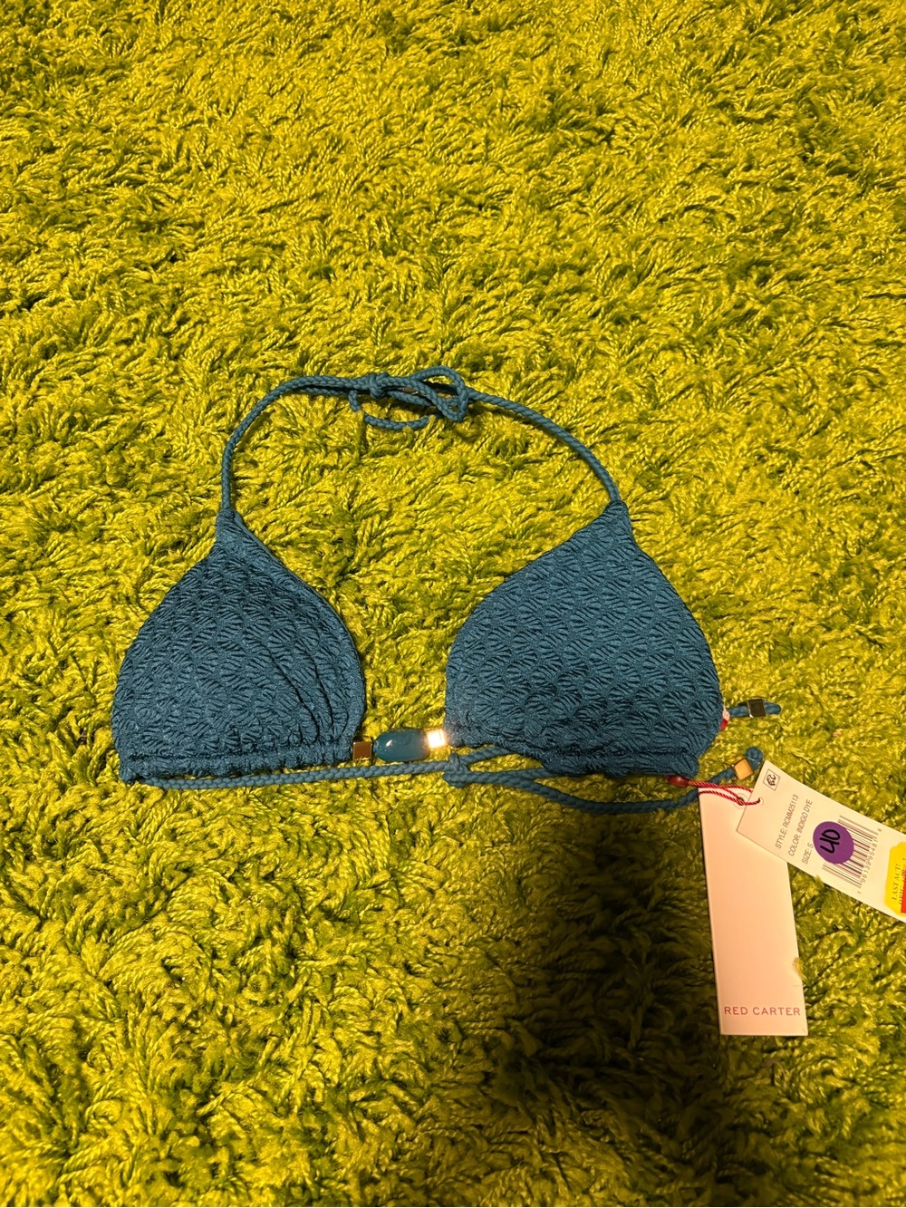 Red Carter Teal Crochet Triangle Bikini Top with Beaded Accents
